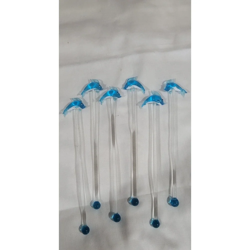 a set of 6 Hand Blown Glass Dolphin Swizzle Sticks